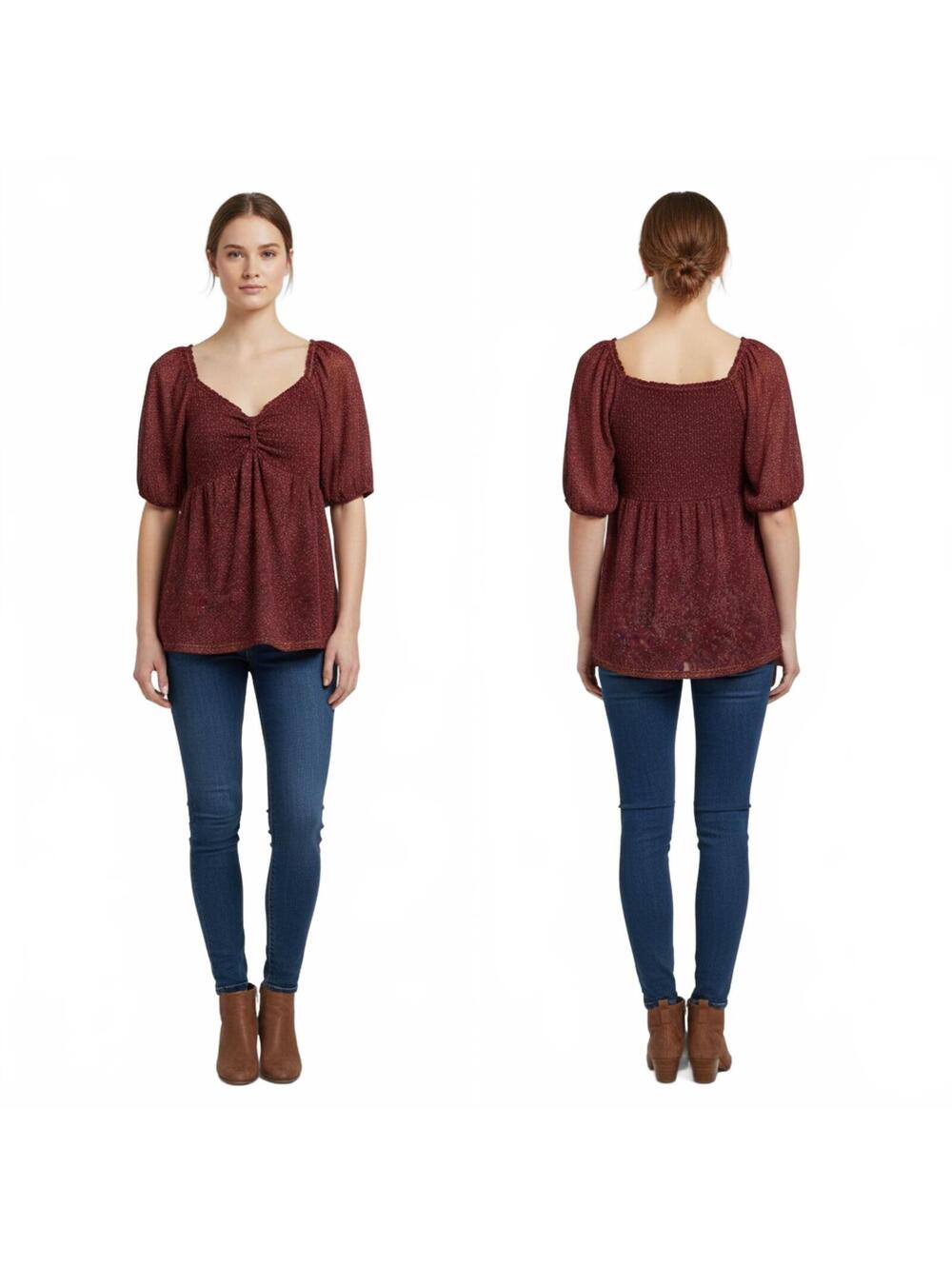DR2 Top Smocked Blouse Square Neck Burgundy Casual Medium